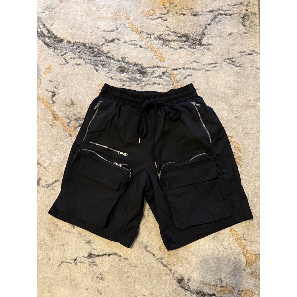 Black utility cargo shorts. Multi zip detail